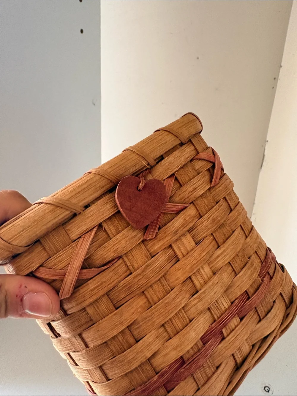 Vintage Woven Square Basket with Wooden Heart